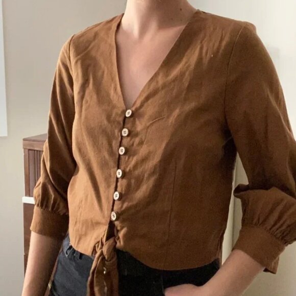 JOIE Linen Blend Cropped Button Tie Front Blouse Top in Brown Boho Cottage Sz M - Picture 1 of 14